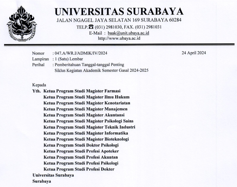 Tanggal Penting Kegiatan Akademik Gasal 24-25 - FAKULTAS PSIKOLOGI UBAYA